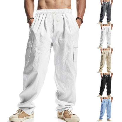 Loom & Soul™ Pantalones cargo de lino para hombre – Pantalones de trabajo transpirables de pernera recta con múltiples bolsillos