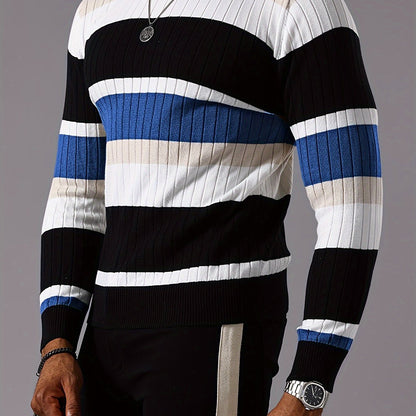 Pull rayé en tricot côtelé pour homme – Pull Color Block Automne Hiver