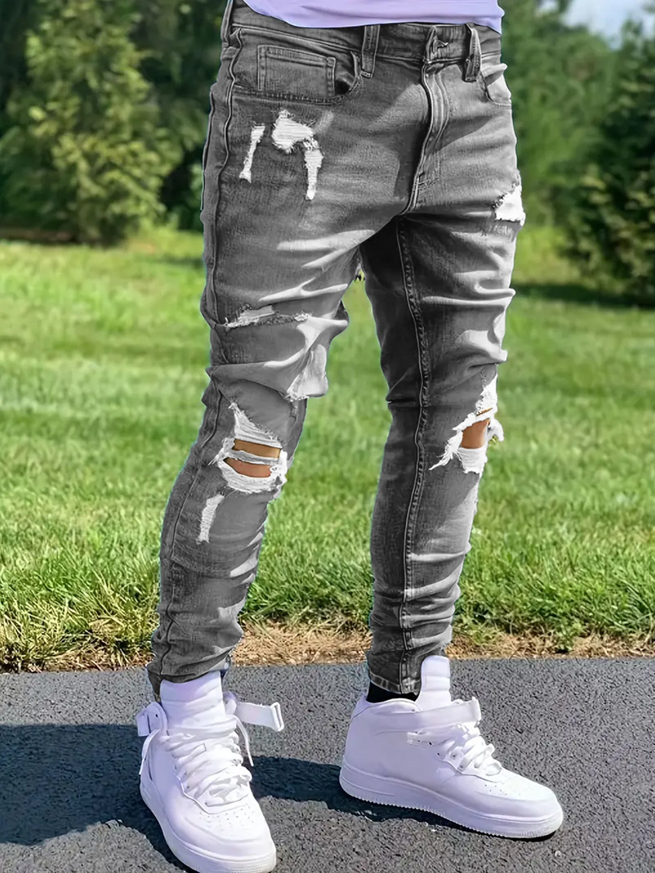Pantalones vaqueros rectos rasgados para hombre – Pantalones vaqueros elásticos de estilo urbano