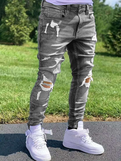 Pantalones vaqueros rectos rasgados para hombre – Pantalones vaqueros elásticos de estilo urbano