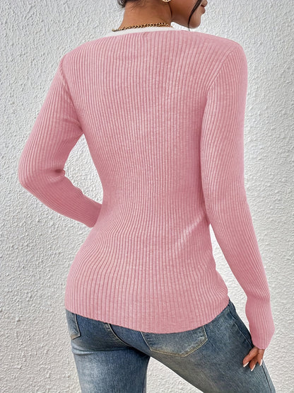 Elegant V-Neck Button Sweater – Women’s Soft Long Sleeve Fall/Winter Knit