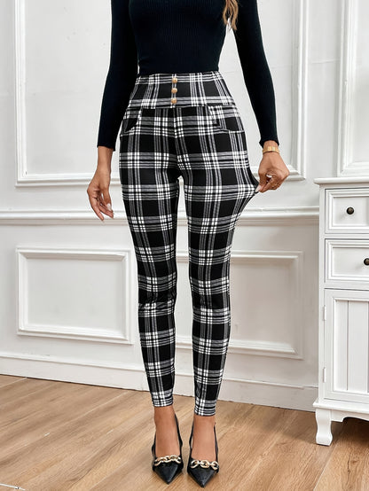 Pantalones entallados de cuadros de talle alto para mujer – Elegantes pantalones a cuadros