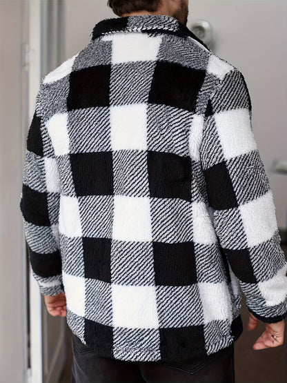Men’s Black & White Plaid Fleece Jacket – Cozy Winter Overshirt