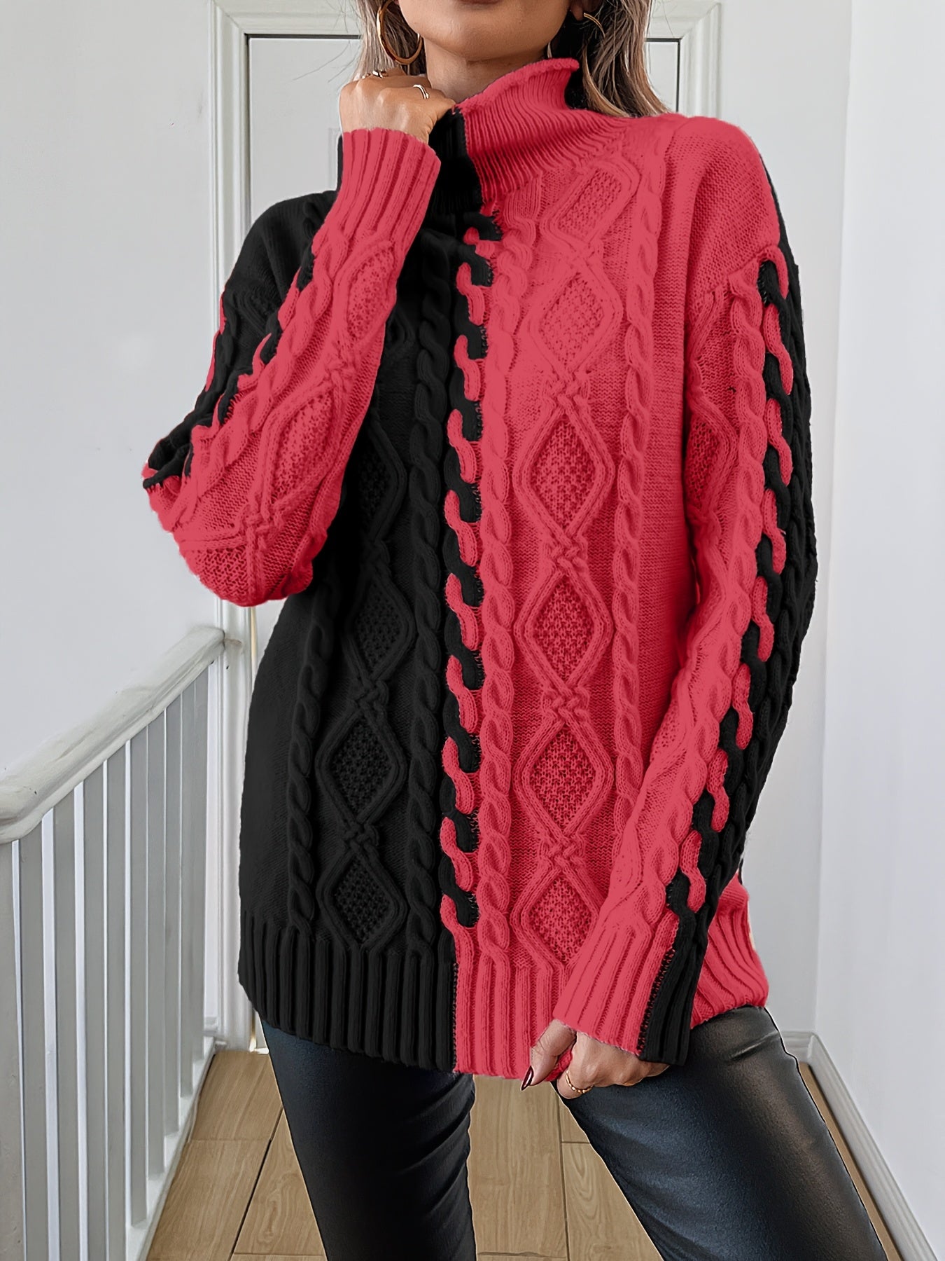 Blusa Elegante de Rayas con Cuello Alto – Top de Manga Larga de Punto Color Block