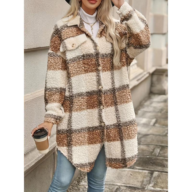 Chaqueta acolchada con solapa, bloques de color y estampado a cuadros para mujer – Estilo Mori