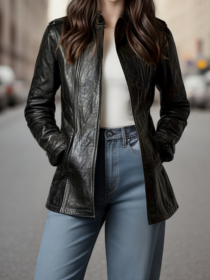 Women’s PU Motorcycle Jacket – Vintage Stand Collar Retro Zip Coat