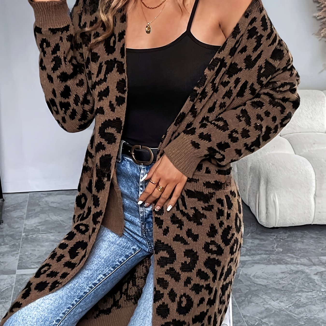 Leopard Print Cardigan – Collarless Cozy Knit Sweater