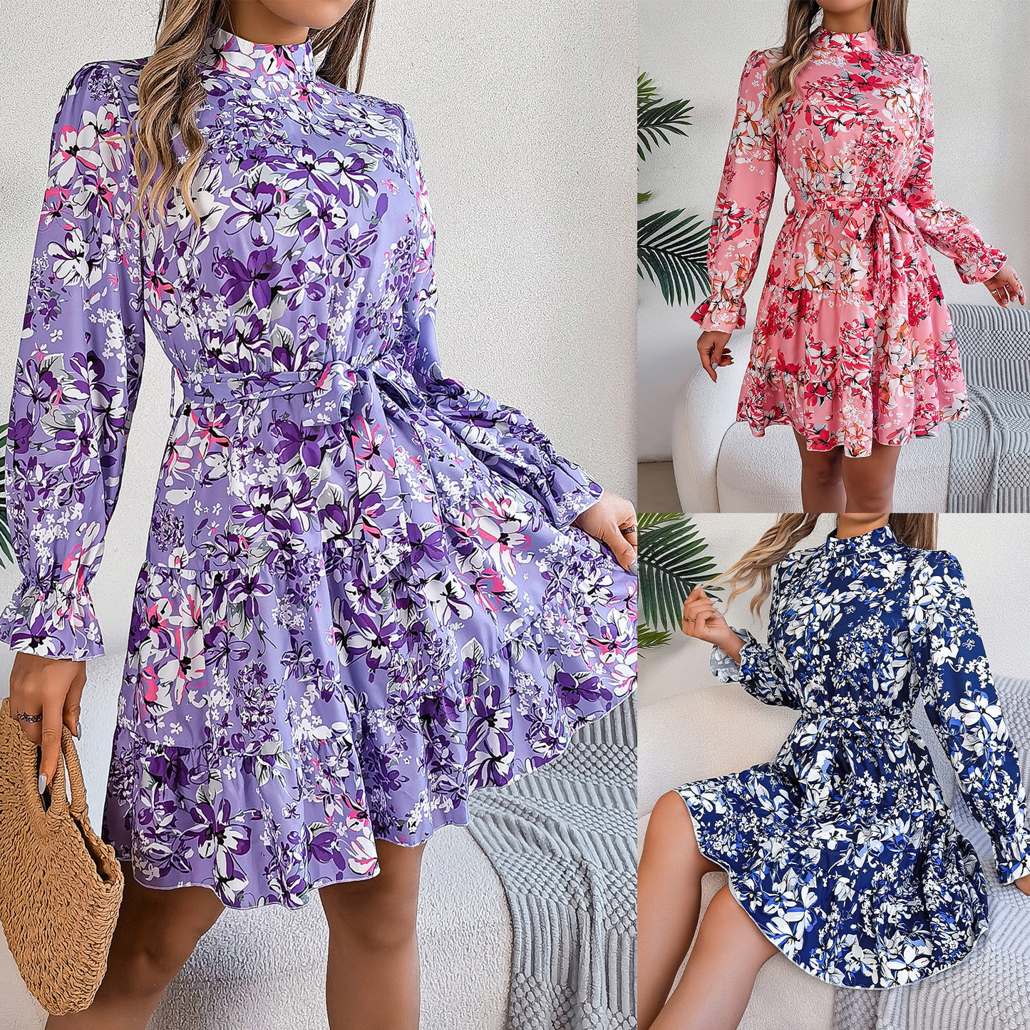 Loom & Soul™ Vestido Largo Floral con Volantes – Vestido Acampanado de Cuello Alto para Mujer con Cintura Elástica para Primavera y Otoño