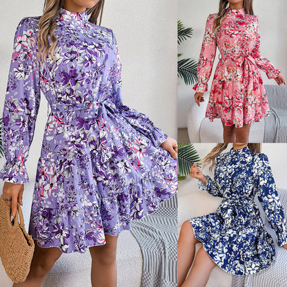 Loom & Soul™ Vestido Largo Floral con Volantes – Vestido Acampanado de Cuello Alto para Mujer con Cintura Elástica para Primavera y Otoño