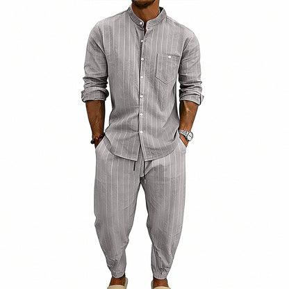 Men’s Striped Henley Set – Linen Jogger Streetwear Outfit