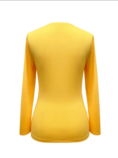 Elegante top negro de manga larga – Camiseta de cuello redondo con botones dorados