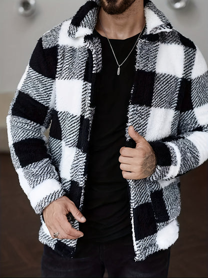 Men’s Black & White Plaid Fleece Jacket – Cozy Winter Overshirt