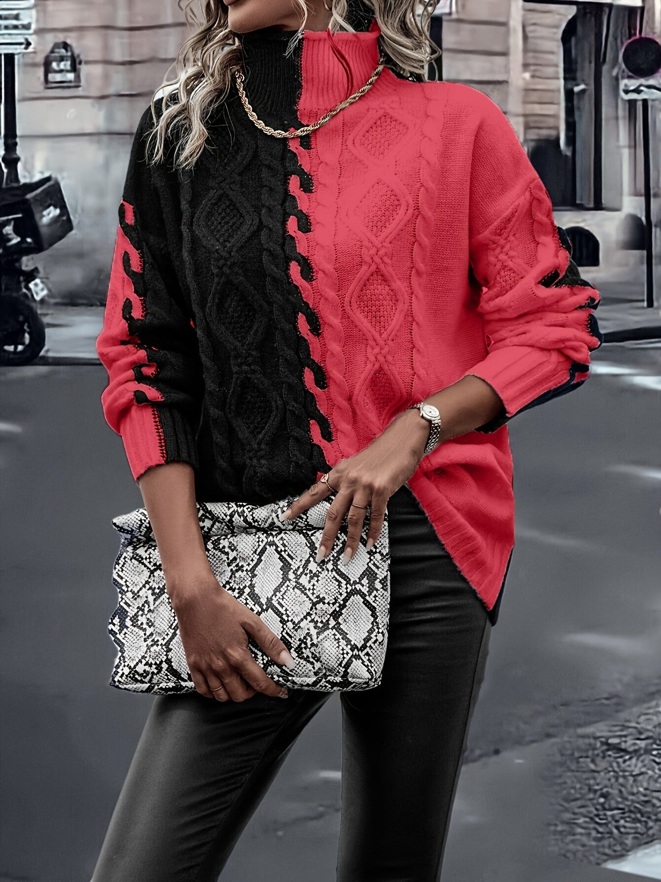 Blusa Elegante de Rayas con Cuello Alto – Top de Manga Larga de Punto Color Block