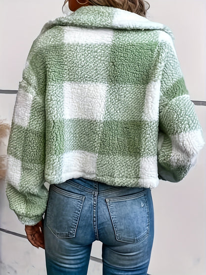Abrigo de cuadros de borreguito para mujer – Abrigo de invierno cálido de manga larga con botones