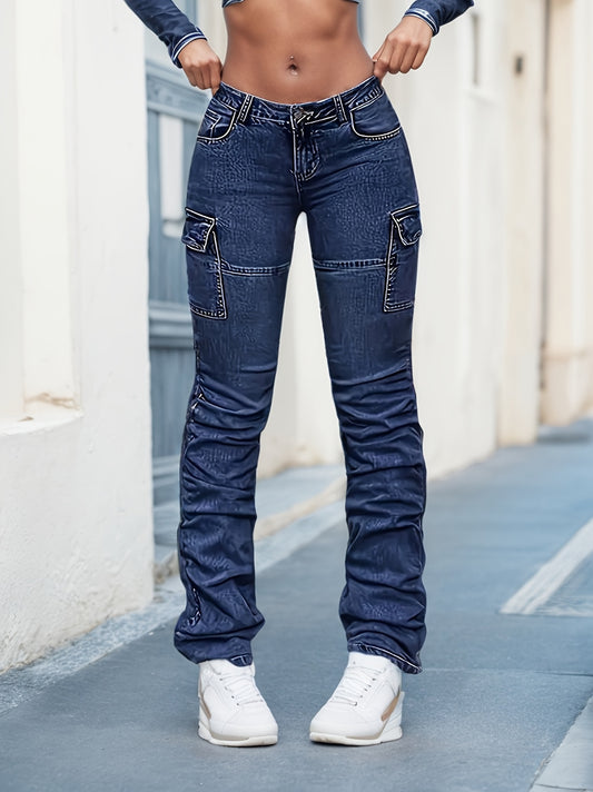 Vaqueros cargo de tiro alto para mujer – Pantalones rectos de mezclilla azul relajados