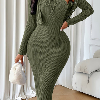Ensemble deux-pièces robe et veste courte avec nœud papillon texturé pour femme