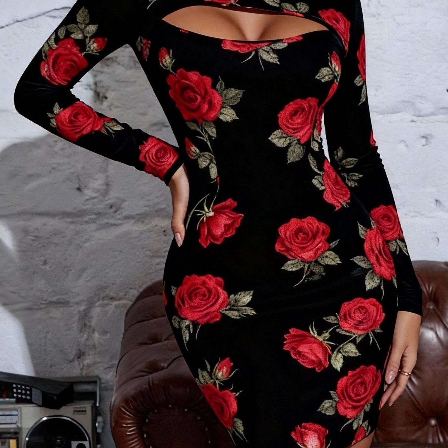 Rose Print Bodycon Midi Dress – Elegant Hollow Out Slim Fit Dress