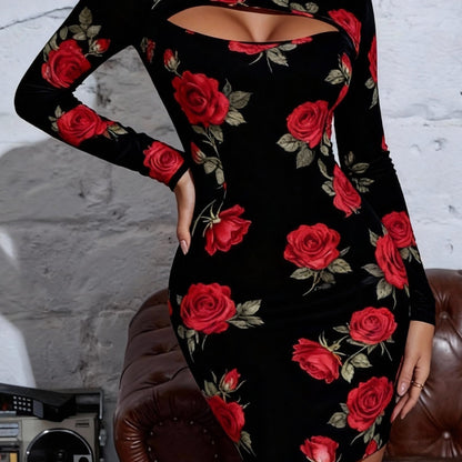 Rose Print Bodycon Midi Dress – Elegant Hollow Out Slim Fit Dress