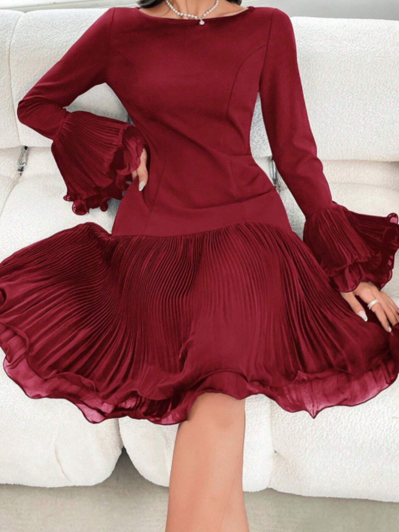 Burgundy Bardot Ruffle Dress – Elegant Vintage Party Midi Dress