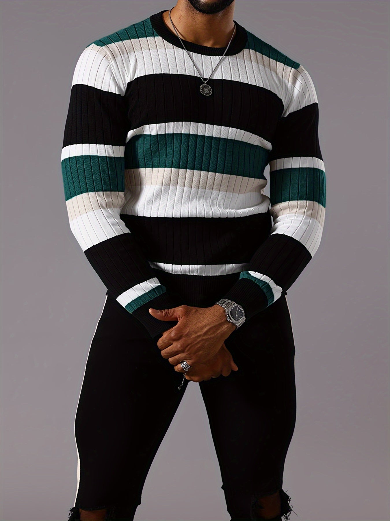 Pull rayé en tricot côtelé pour homme – Pull Color Block Automne Hiver
