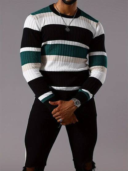 Pull rayé en tricot côtelé pour homme – Pull Color Block Automne Hiver