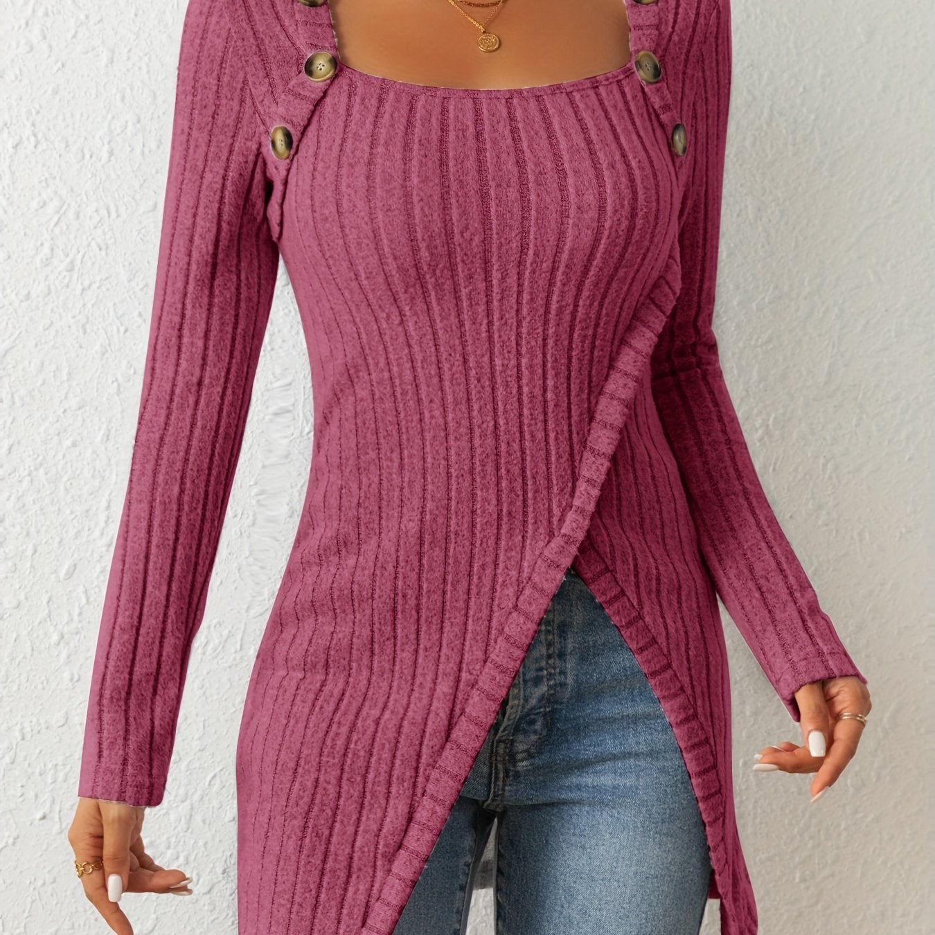 Camiseta de punto entallada para mujer – Top de manga larga con cuello cuadrado