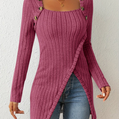 Camiseta de punto entallada para mujer – Top de manga larga con cuello cuadrado