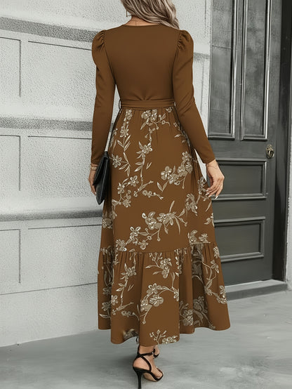 Vestido largo con lazo en la cintura y estampado floral en azul marino – Elegante vestido retro con corte ajustado y falda acampanada