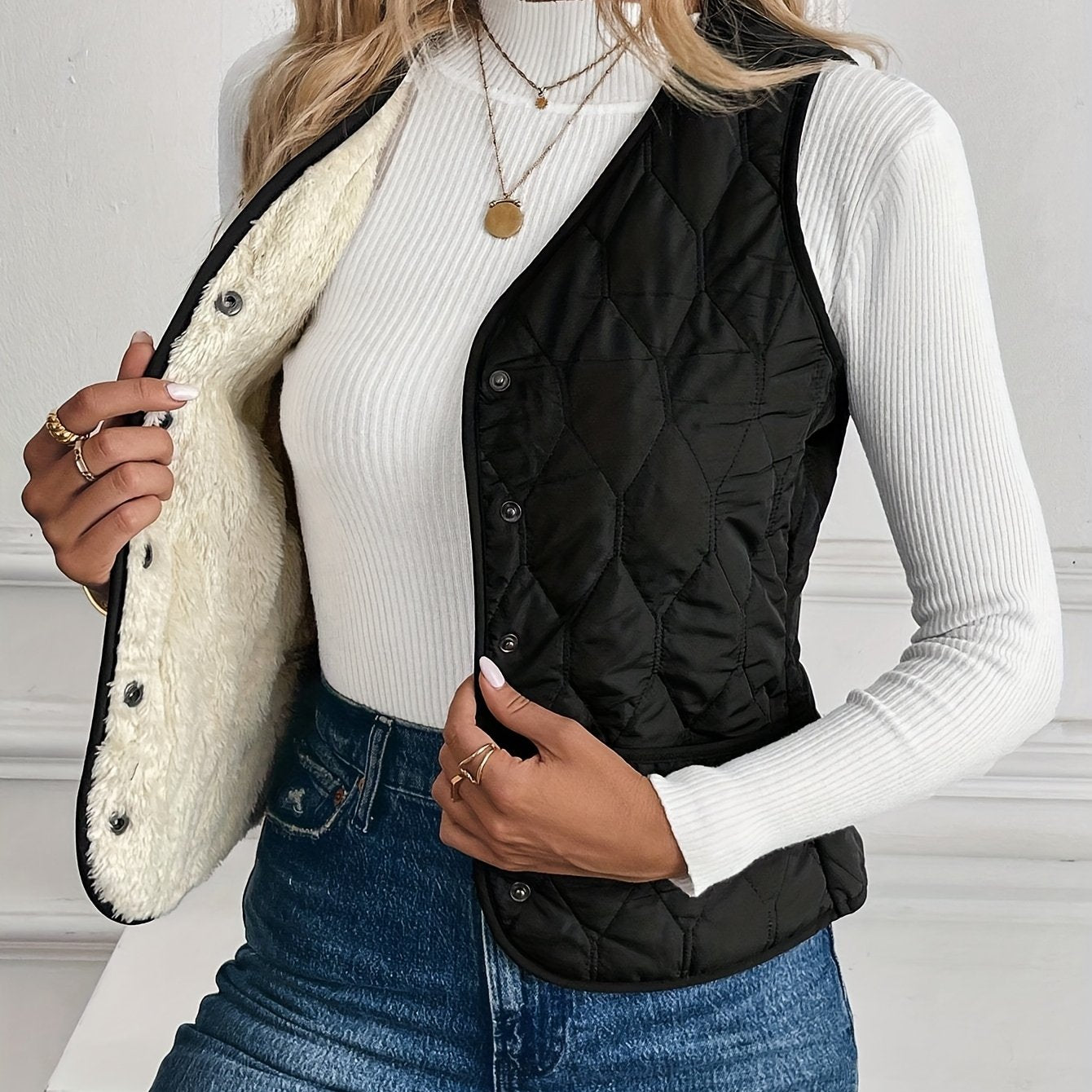 Gilet d'hiver zippé doublé chaud pour femme – Vêtement d'extérieur doux à col en V