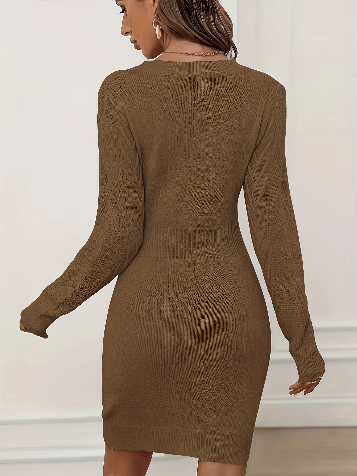 Vestido ajustado de manga larga con cintura ceñida – Elegante vestido de suéter con cuello redondo
