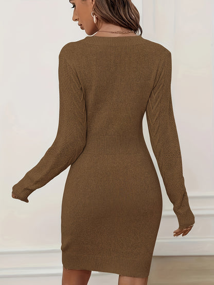 Vestido ajustado de manga larga con cintura ceñida – Elegante vestido de suéter con cuello redondo