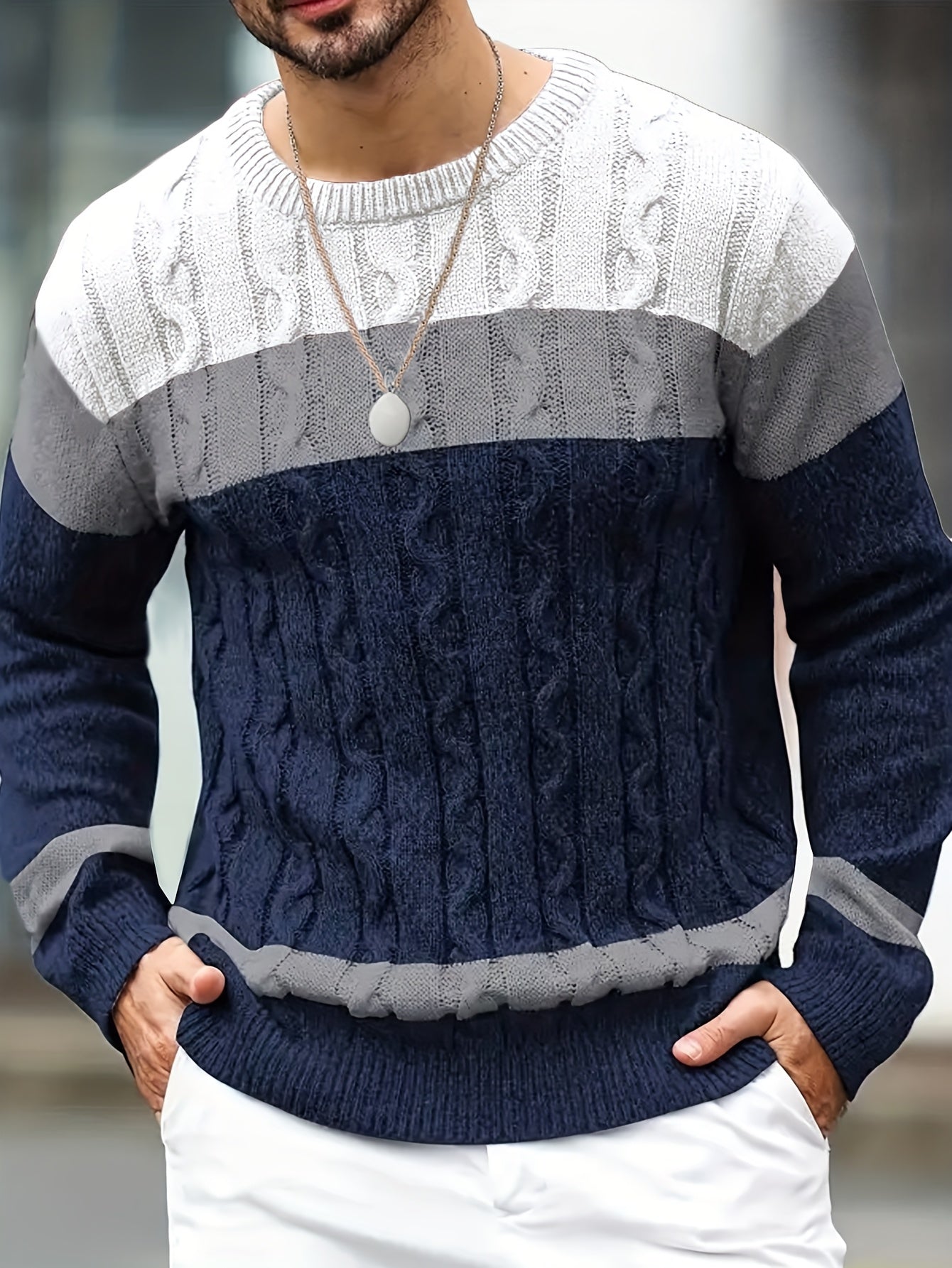 Suéter de punto trenzado color block para hombre – Suéter suave de cuello redondo
