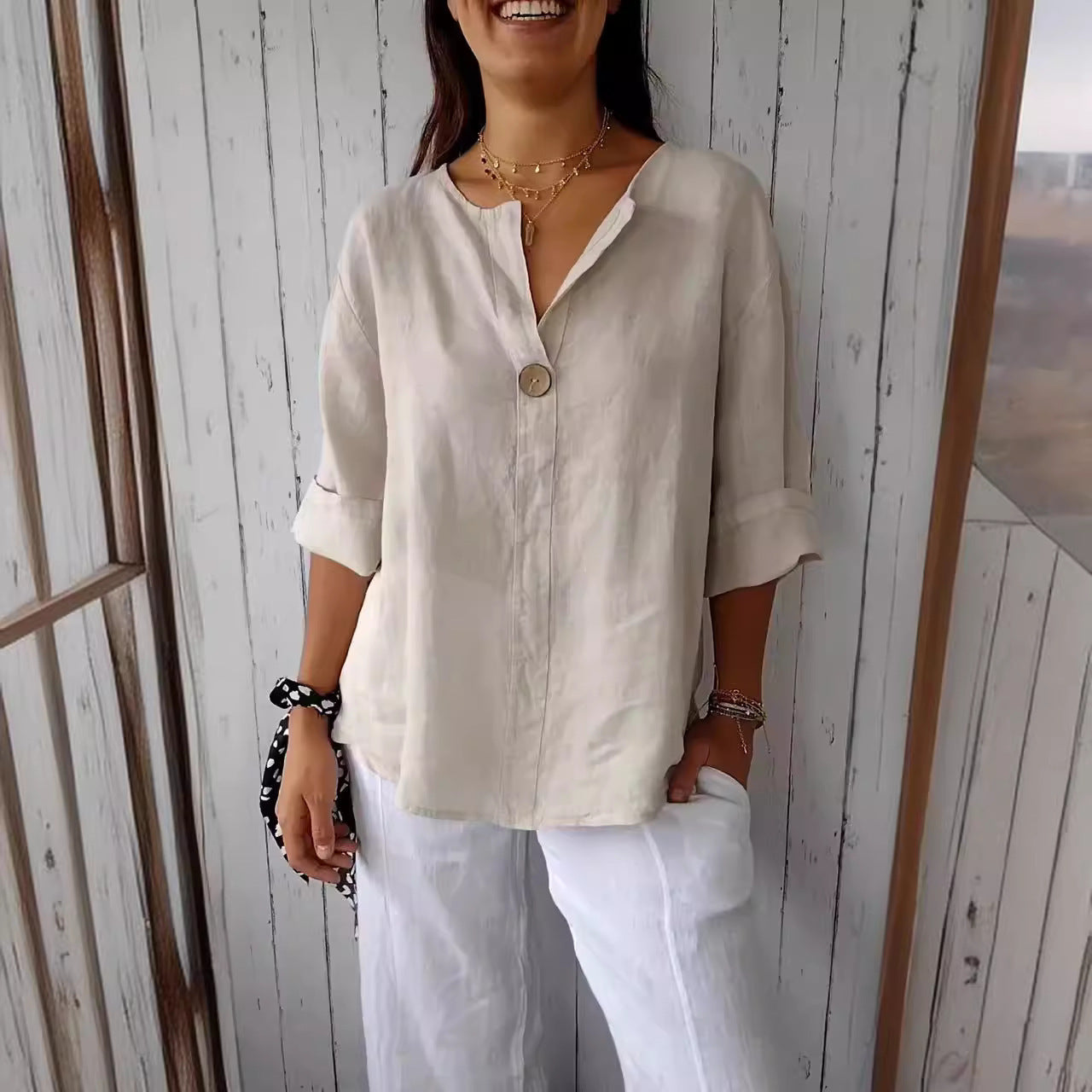 Loom & Soul™ Top de botones con cuello en V de algodón y lino para mujer – Blusa suelta de manga larga