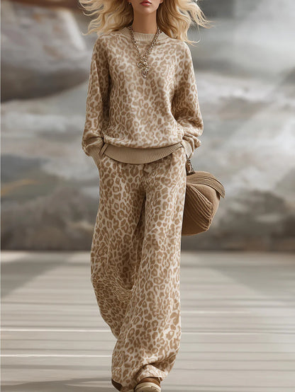 Conjunto de estampado de leopardo para mujer – Atuendo holgado informal en marrón claro