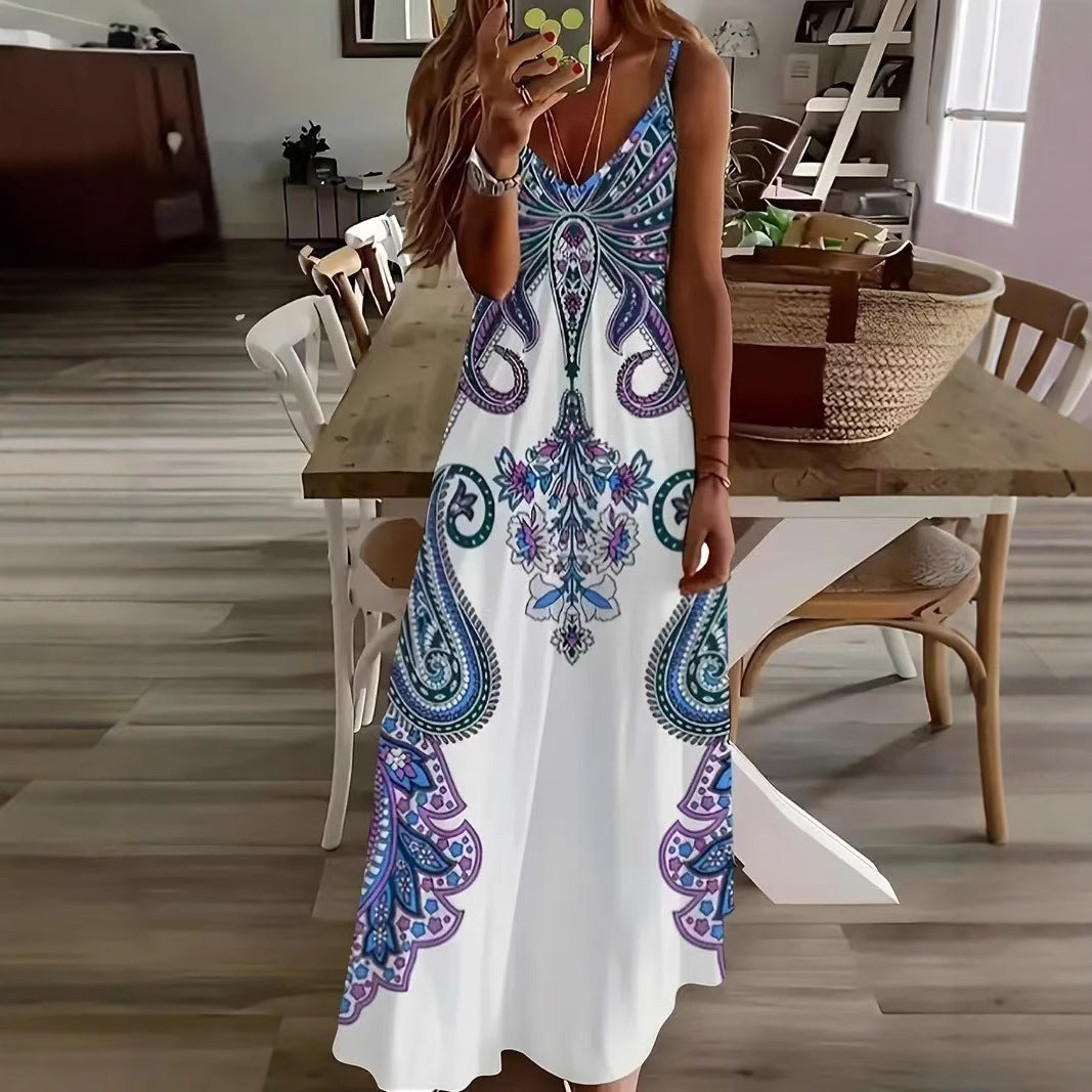 Vestido maxi estampado sin mangas con cuello en V – Vestido retro artístico con tirantes