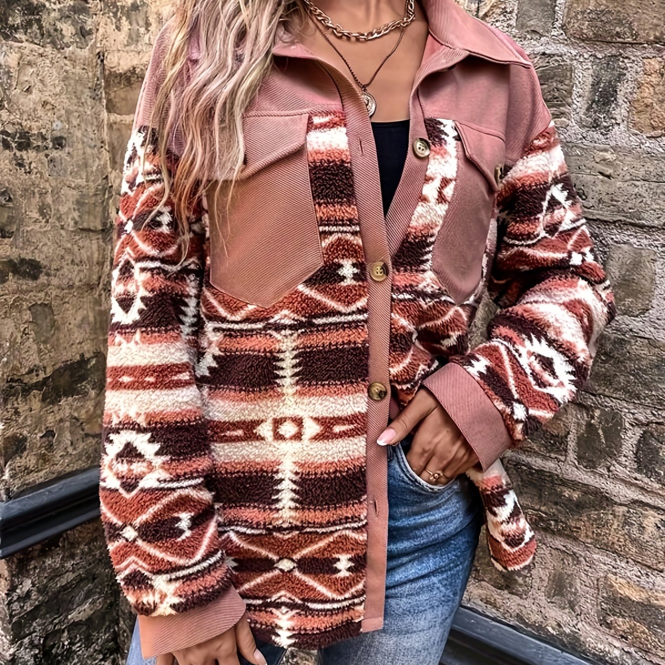 Chaqueta polar geométrica para mujer – Abrigo de invierno cálido con bloques de color