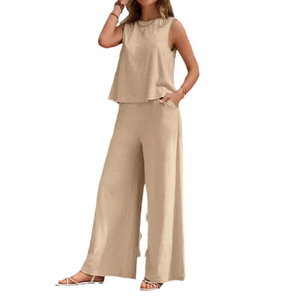 Conjunto de lino de dos piezas para mujer – Top sin mangas y pantalón holgado