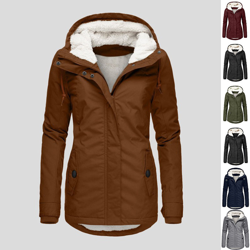 Chaqueta con capucha de vellón acogedor Loom & Soul™ – Abrigo de invierno cálido con cremallera para mujer, con bolsillos y forro de piel sintética