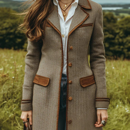 Brown Herringbone Coat – Mid-Length Belted Elegant Jacket