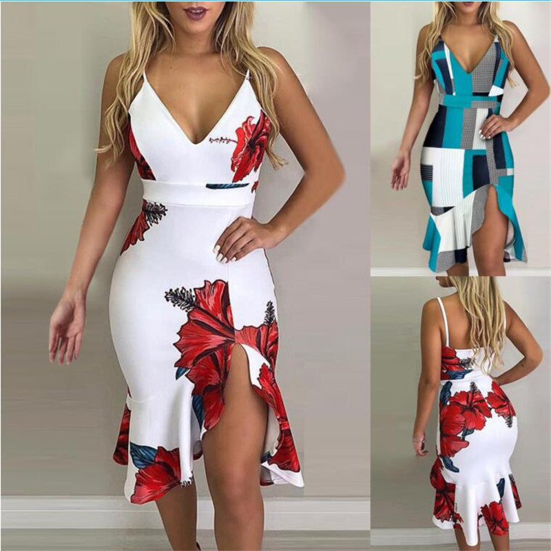 Vestido Midi Irregular Halter - Vestido de Fiesta de Verano Estampado con Tirantes