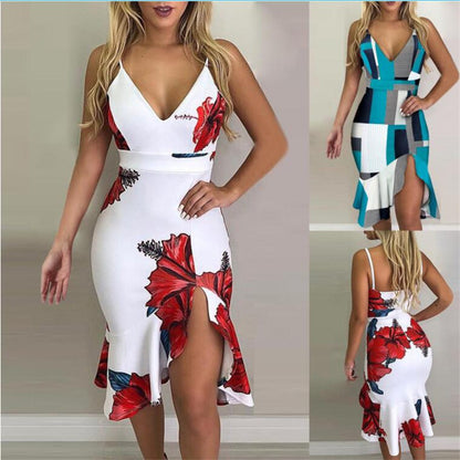 Vestido Midi Irregular Halter - Vestido de Fiesta de Verano Estampado con Tirantes