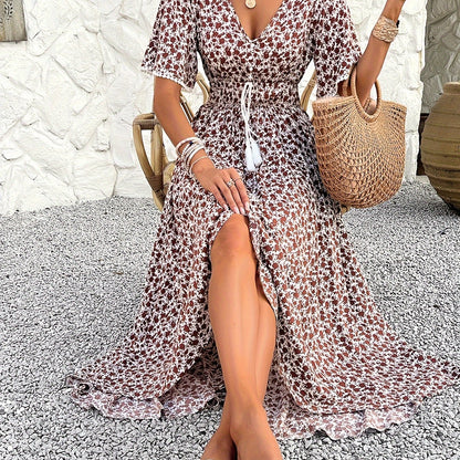 Floral Tassel V-Neck Dress – Elegant Printed A-Line Midi Dress