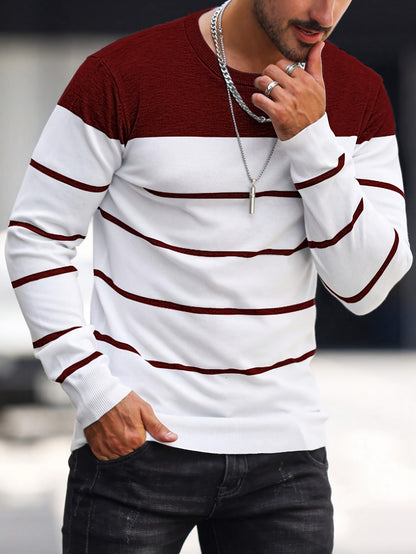 Suéter de punto a rayas azul marino para hombre – Sudadera informal de cuello redondo
