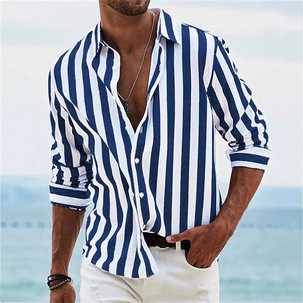 Camisa Casual Rayada para Hombre – Manga Larga Estilo Británico de Ajuste Holgado