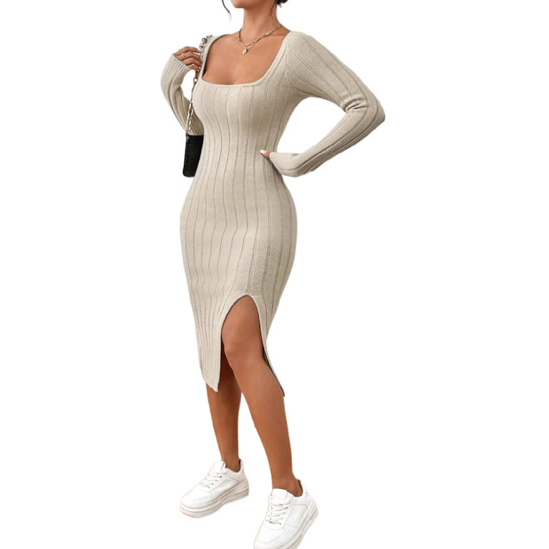 Vestido Midi de Punto con Cuello Cuadrado – Vestido Elegante Geométrico de Manga Larga