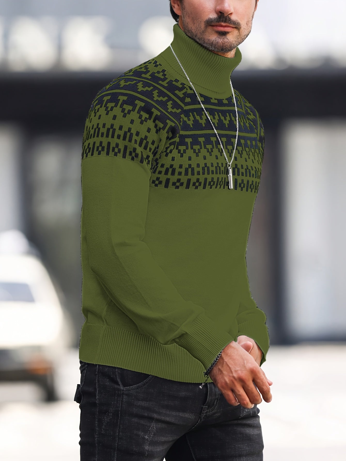 Men’s Geometric Turtleneck Sweater – Casual Knit Pullover for Fall & Winter