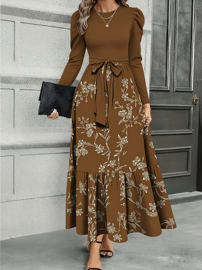 Vestido largo con lazo en la cintura y estampado floral en azul marino – Elegante vestido retro con corte ajustado y falda acampanada