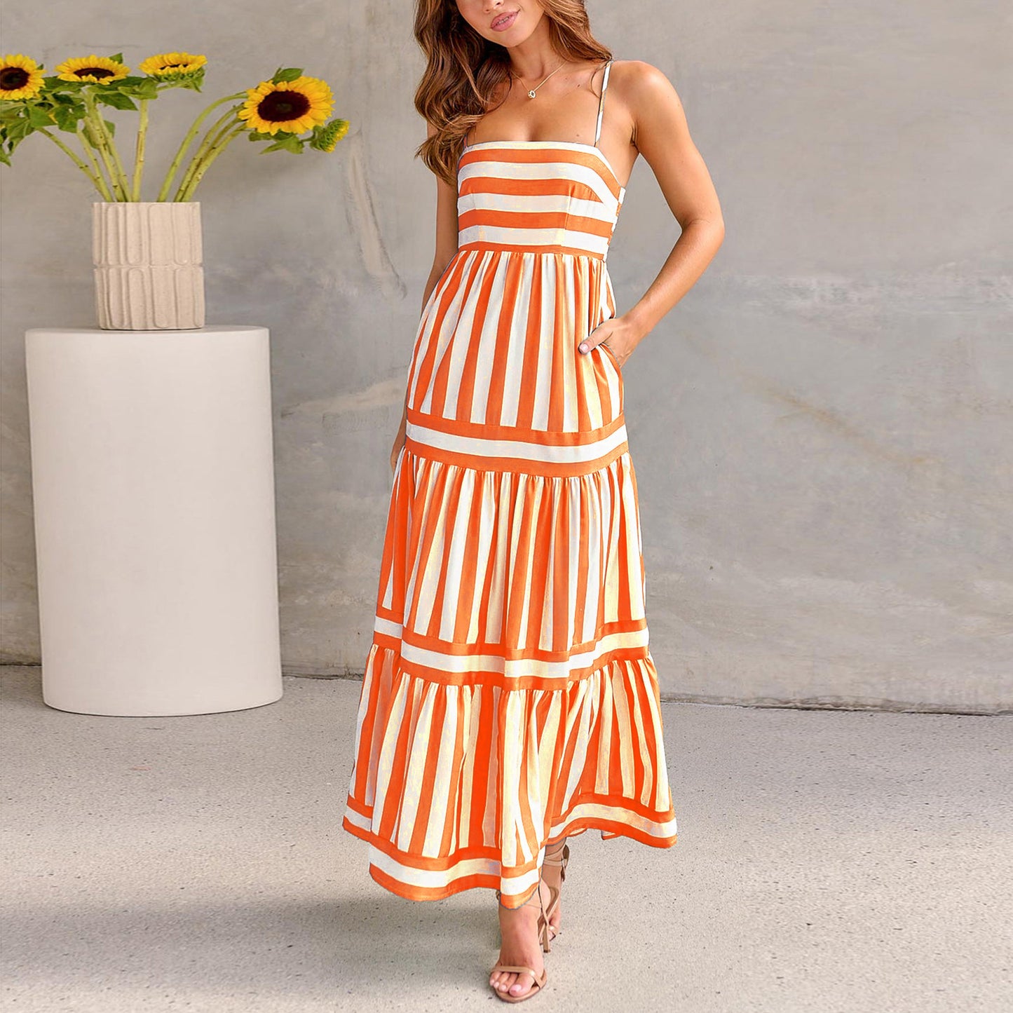 Robe longue rayée Loom & Soul™ – Robe de plage décolletée dans le dos à col carré pour femme avec poches