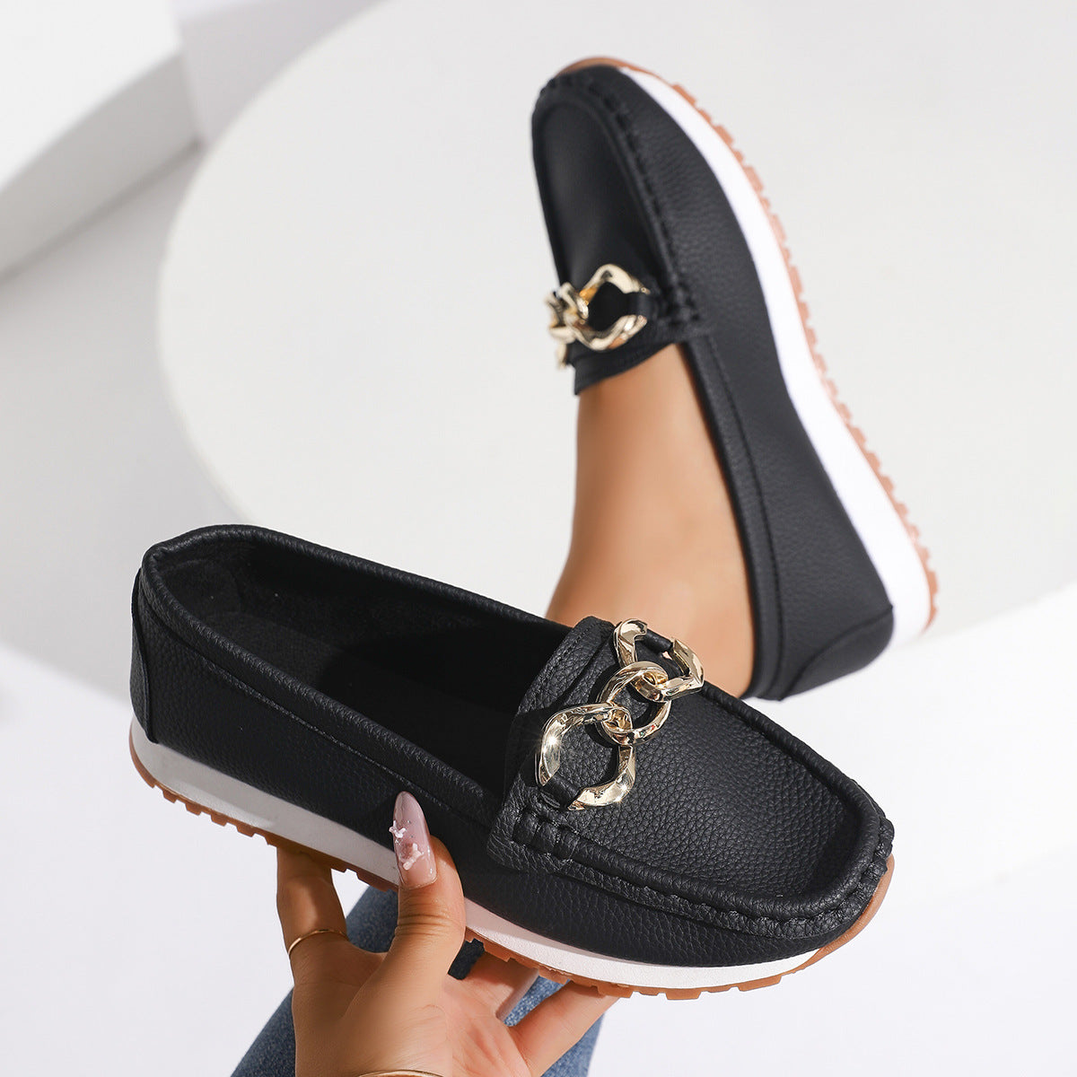 Women’s Chain Loafers – Suede Slip-On Comfort Flats
