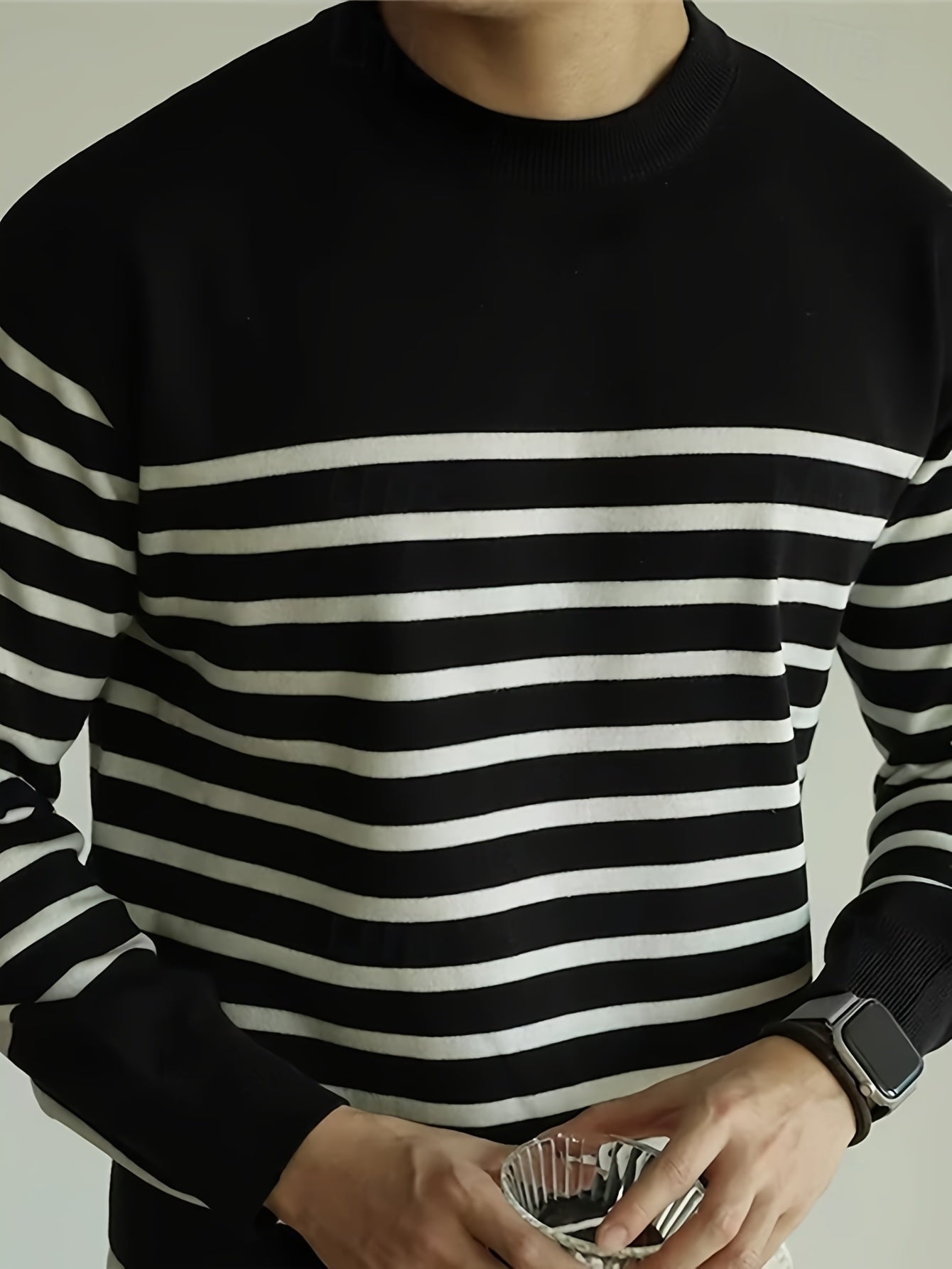 Suéter de punto a rayas para hombre – Jersey informal con cuello redondo estilo urbano